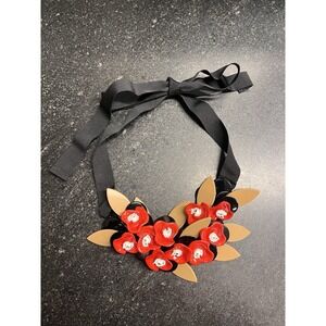 P.A.R.O.S.H Plastic Floral & Ribbon Bib Necklace Made In Italy Red Brown & Black